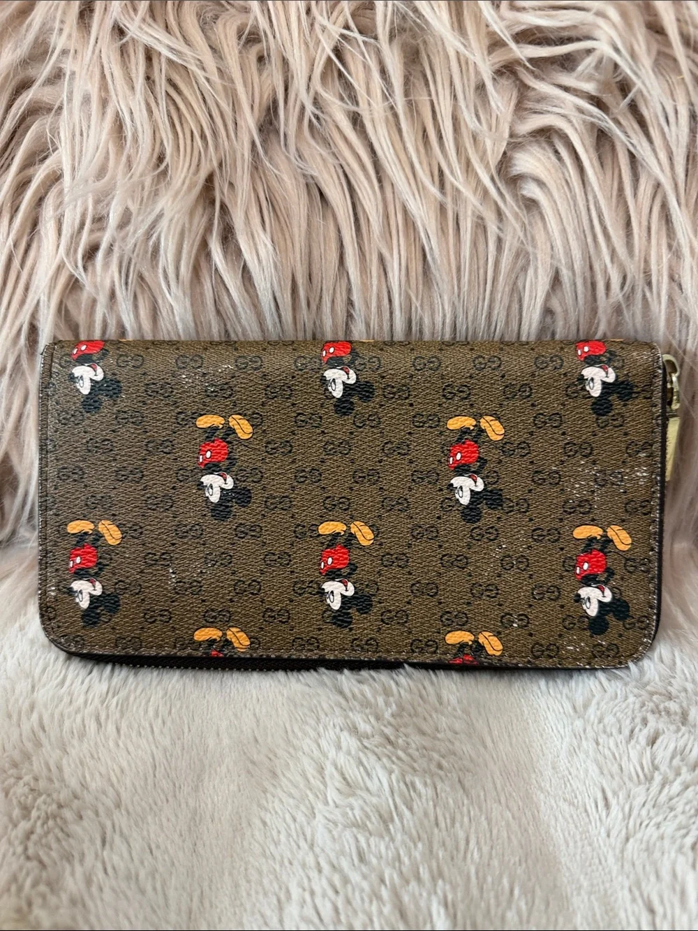 Designer-Style Brown Wallet with Red & Yellow Mickey Motif